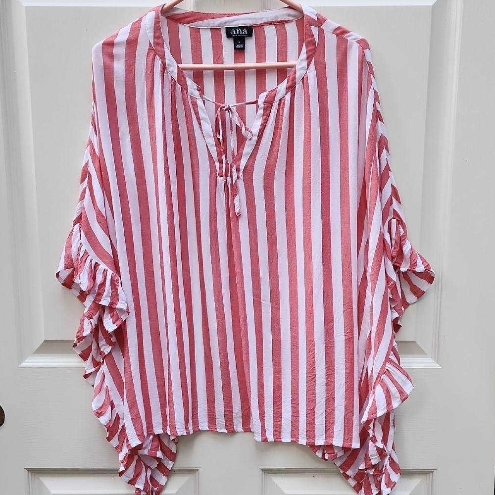 a.n.a. Red and White Striped Top Ruffled Caftan Sleeves Size Large